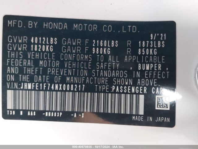 Photo 8 VIN: JHMFE1F74NX008217 - HONDA CIVIC 