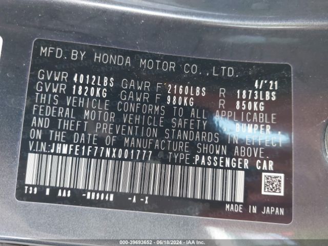 Photo 8 VIN: JHMFE1F77NX001777 - HONDA CIVIC 