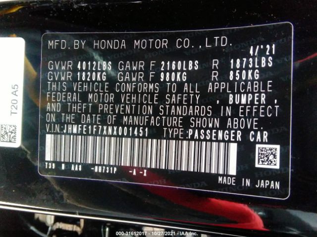 Photo 8 VIN: JHMFE1F7XNX001451 - HONDA CIVIC SEDAN 