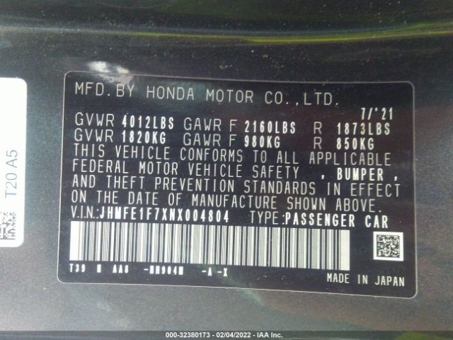 Photo 8 VIN: JHMFE1F7XNX004804 - HONDA CIVIC SEDAN 