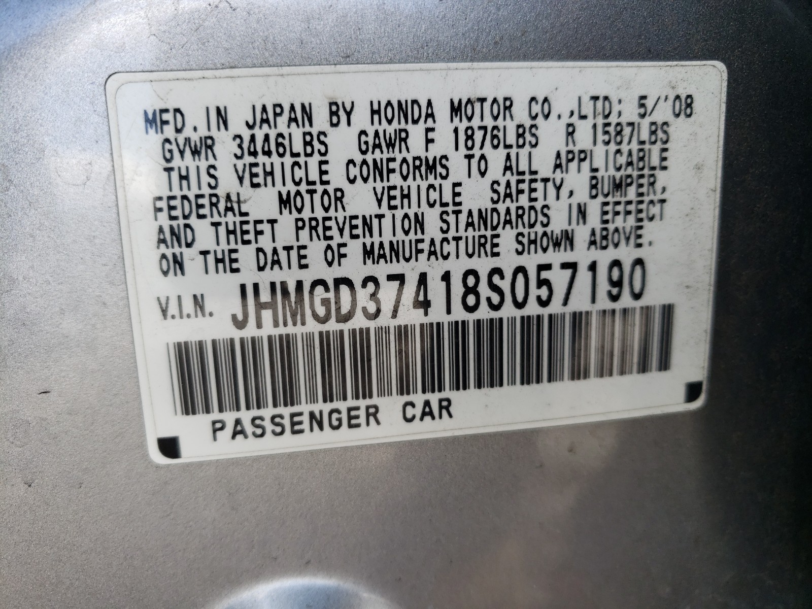 Photo 9 VIN: JHMGD37418S057190 - HONDA FIT 