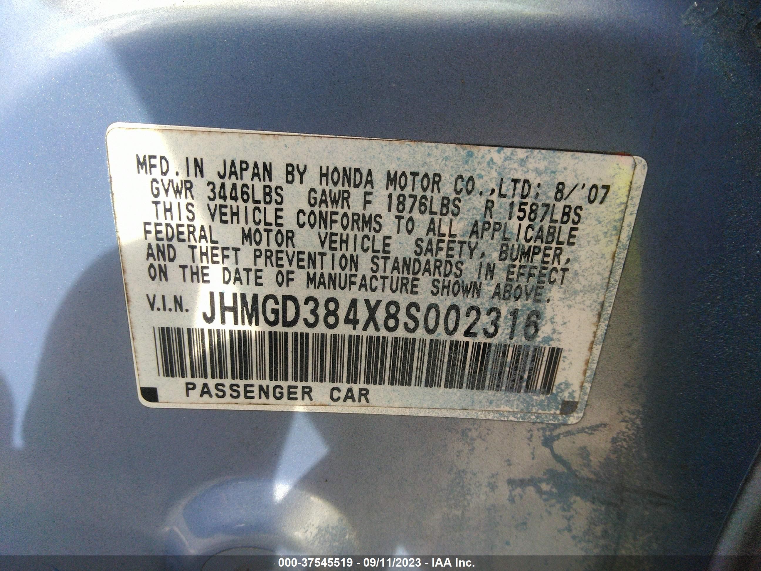 Photo 8 VIN: JHMGD384X8S002316 - HONDA FIT 