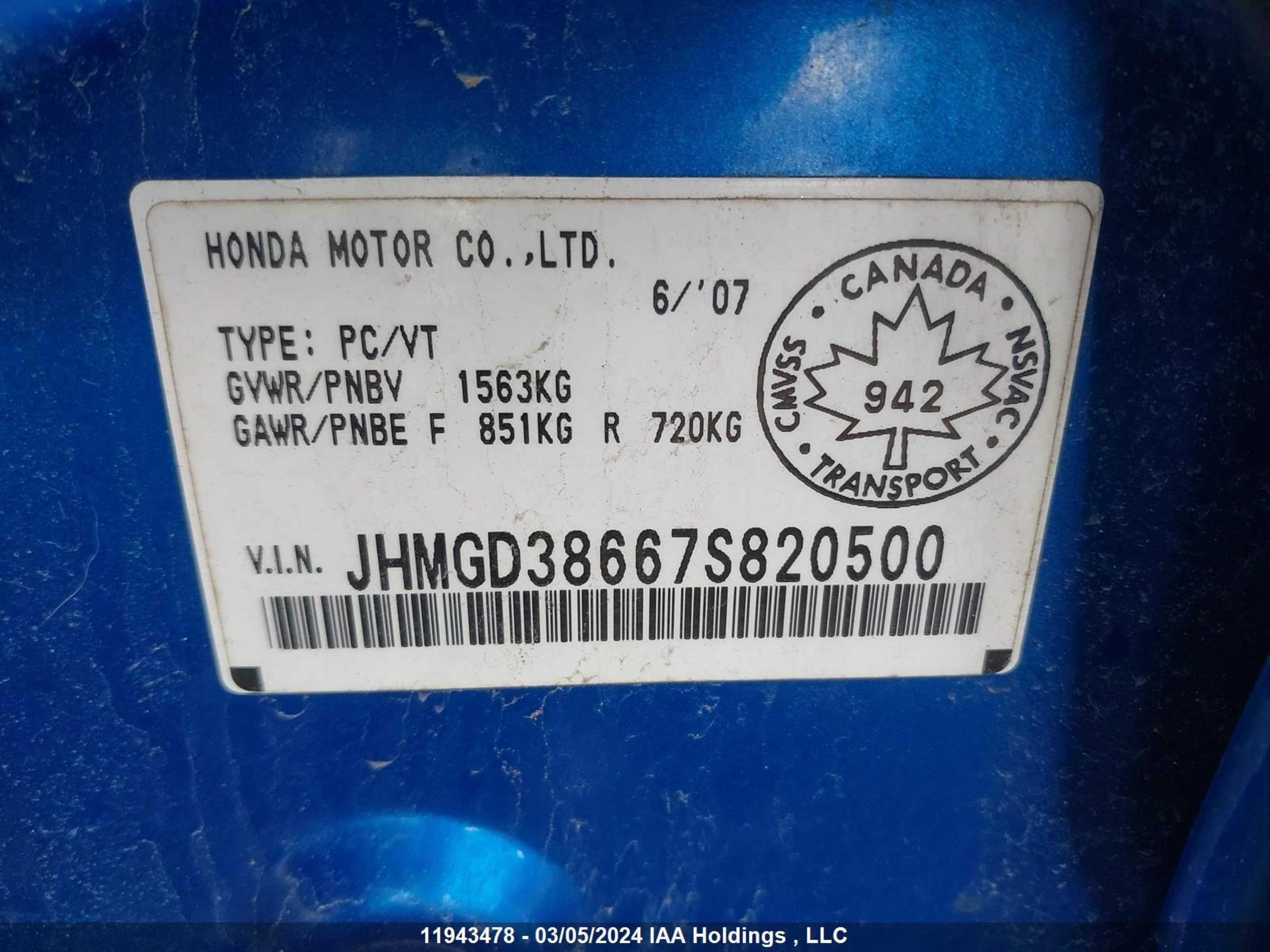 Photo 8 VIN: JHMGD38667S820500 - HONDA FIT 