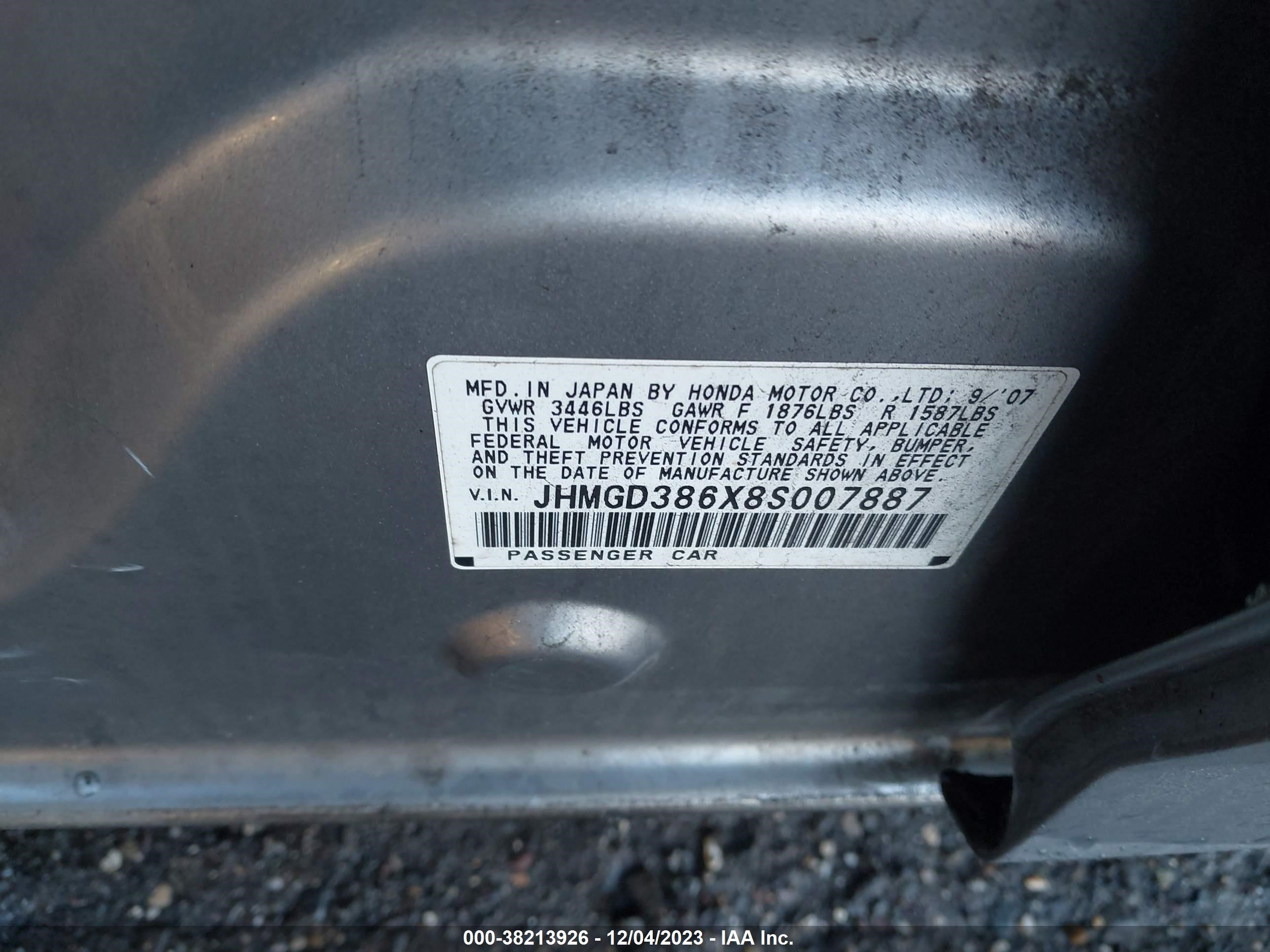 Photo 8 VIN: JHMGD386X8S007887 - HONDA FIT 