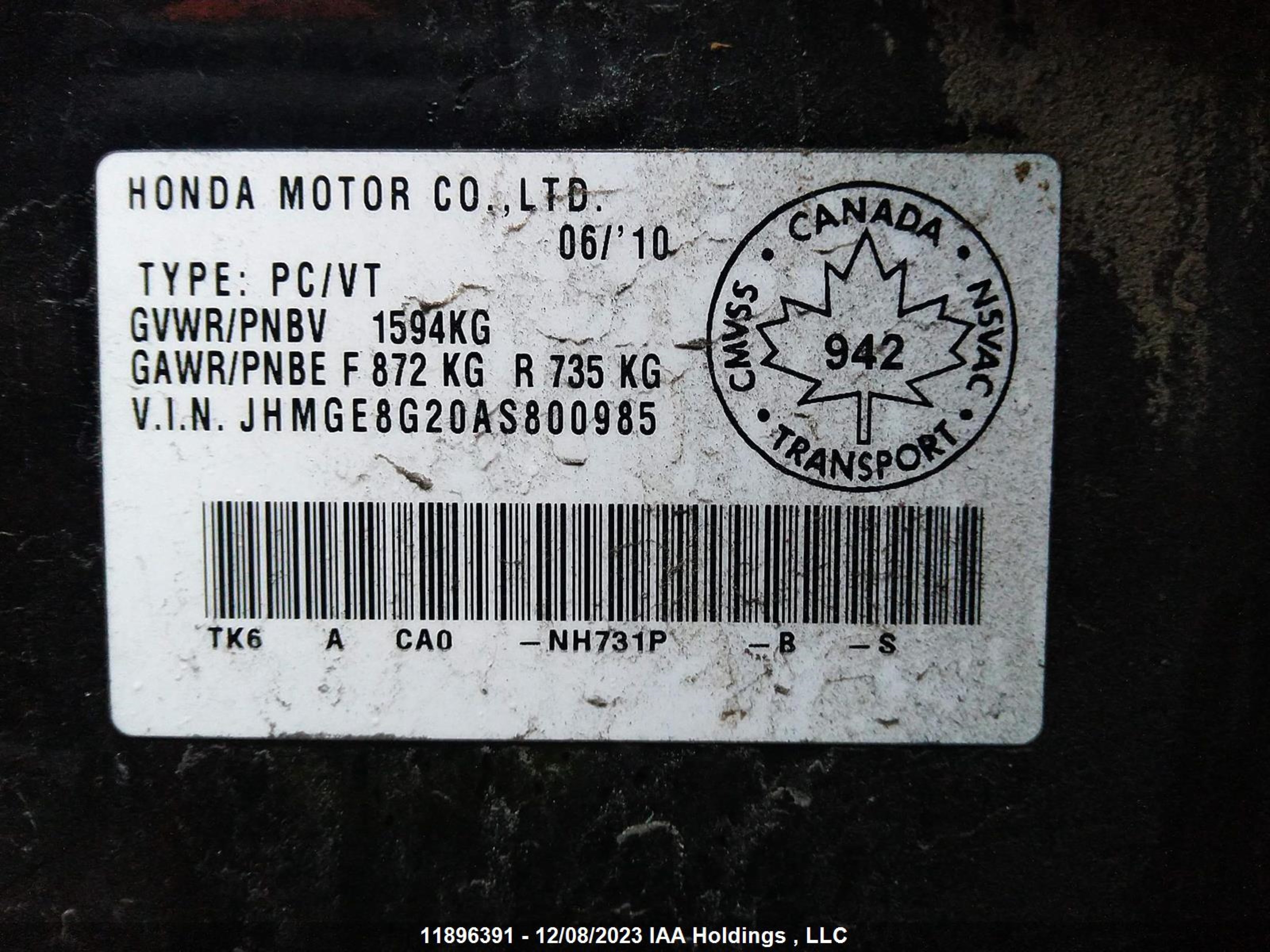 Photo 8 VIN: JHMGE8G20AS800985 - HONDA FIT 