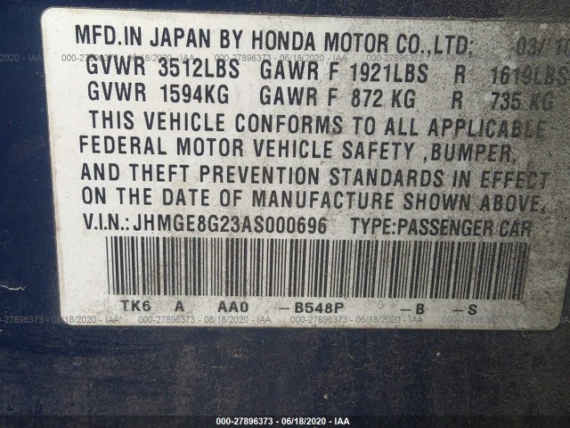 Photo 8 VIN: JHMGE8G23AS000696 - HONDA FIT 