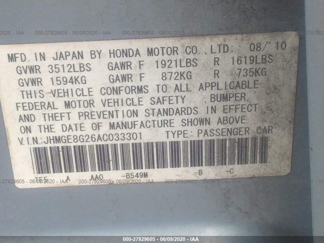 Photo 8 VIN: JHMGE8G26AC033301 - HONDA FIT 