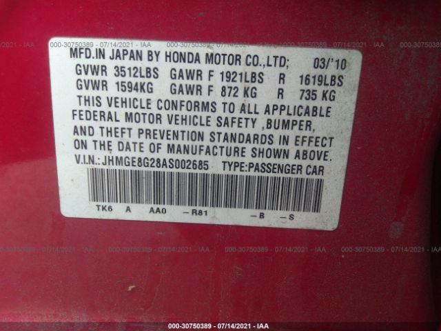 Photo 8 VIN: JHMGE8G28AS002685 - HONDA FIT 