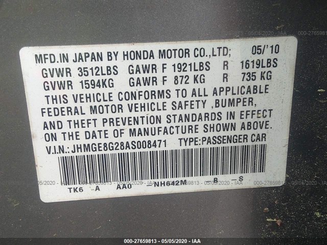 Photo 8 VIN: JHMGE8G28AS008471 - HONDA FIT 