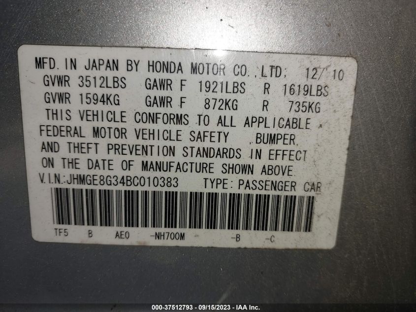 Photo 8 VIN: JHMGE8G34BC010383 - HONDA FIT 