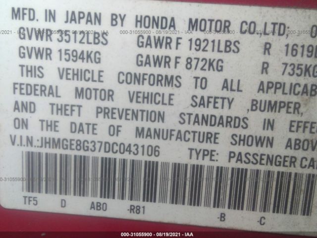 Photo 8 VIN: JHMGE8G37DC043106 - HONDA FIT 