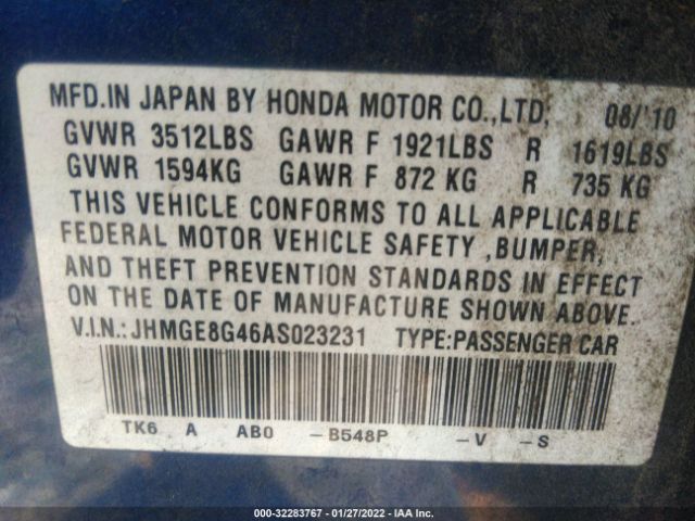 Photo 8 VIN: JHMGE8G46AS023231 - HONDA FIT 