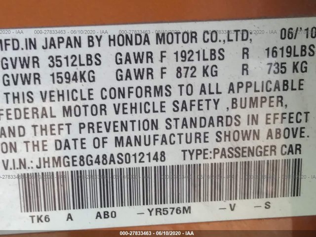 Photo 8 VIN: JHMGE8G48AS012148 - HONDA FIT 