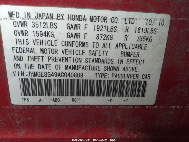 Photo 8 VIN: JHMGE8G49AC040809 - HONDA FIT 