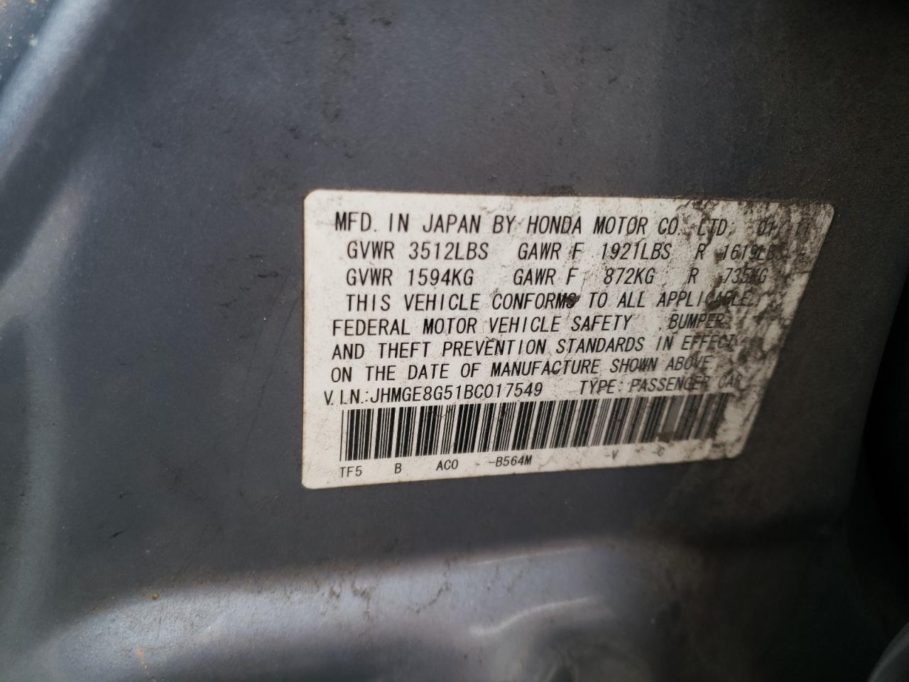 Photo 11 VIN: JHMGE8G51BC017549 - HONDA FIT 