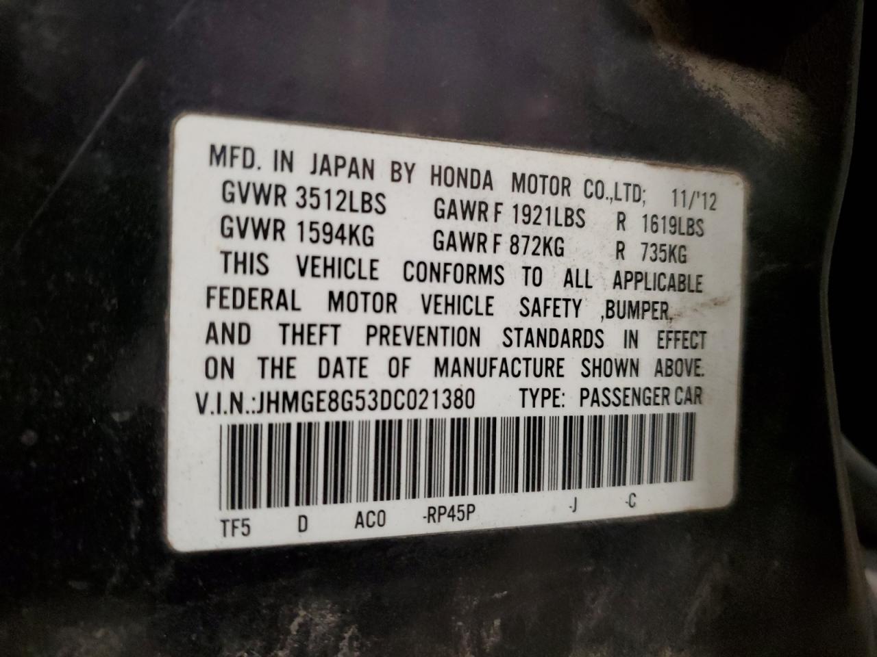 Photo 12 VIN: JHMGE8G53DC021380 - HONDA FIT 