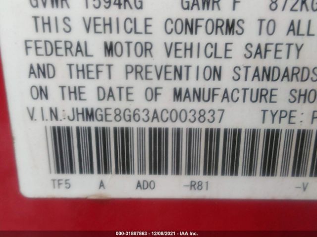 Photo 8 VIN: JHMGE8G63AC003837 - HONDA FIT 