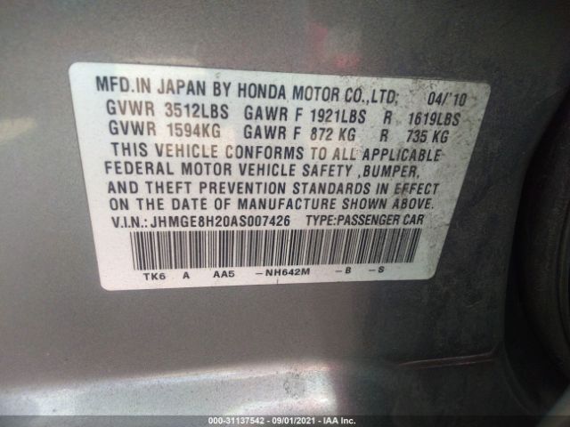 Photo 8 VIN: JHMGE8H20AS007426 - HONDA FIT 