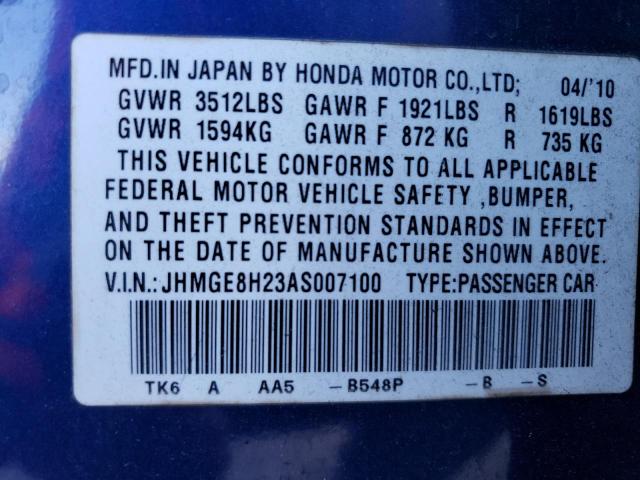 Photo 11 VIN: JHMGE8H23AS007100 - HONDA FIT 