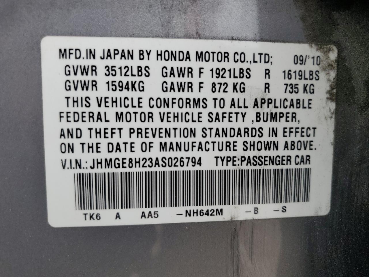 Photo 11 VIN: JHMGE8H23AS026794 - HONDA FIT 