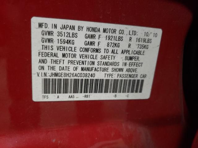 Photo 9 VIN: JHMGE8H26AC038240 - HONDA FIT 