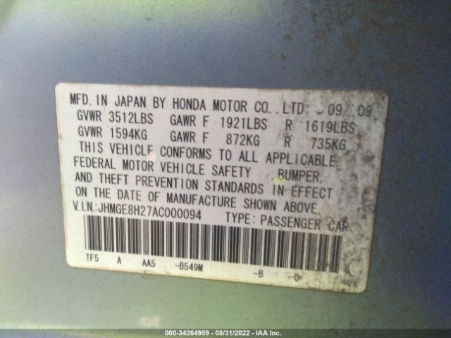 Photo 8 VIN: JHMGE8H27AC000094 - HONDA FIT 