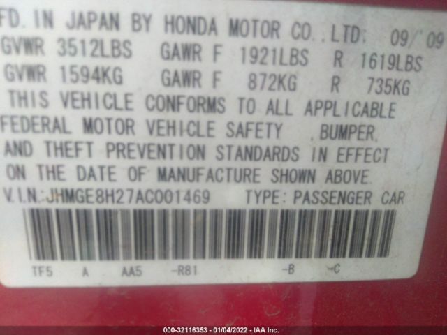 Photo 8 VIN: JHMGE8H27AC001469 - HONDA FIT 