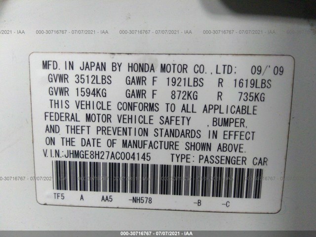 Photo 8 VIN: JHMGE8H27AC004145 - HONDA FIT 