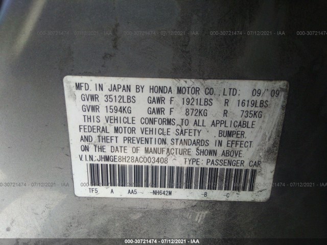 Photo 8 VIN: JHMGE8H28AC003408 - HONDA FIT 