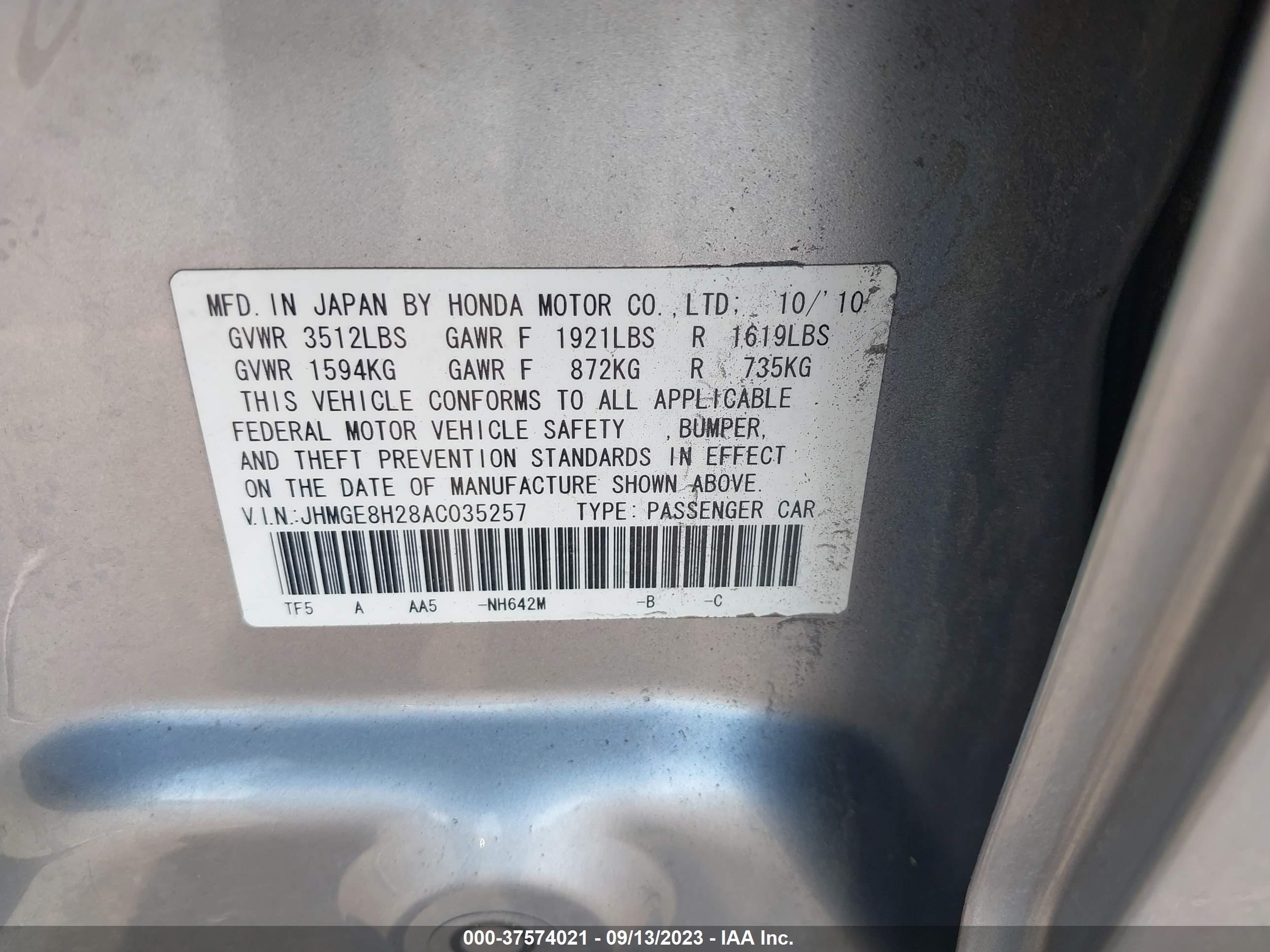 Photo 8 VIN: JHMGE8H28AC035257 - HONDA FIT 