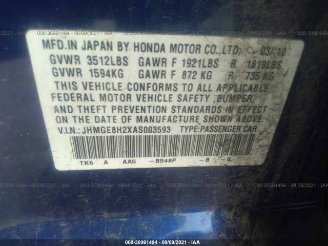 Photo 8 VIN: JHMGE8H2XAS003593 - HONDA FIT 