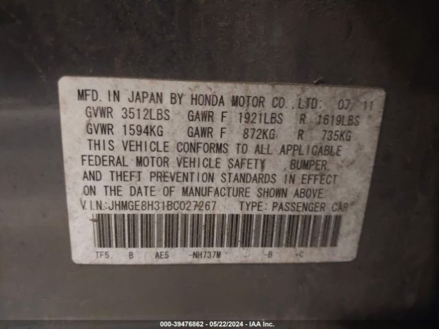 Photo 8 VIN: JHMGE8H31BC027267 - HONDA FIT 