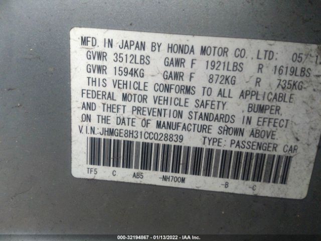 Photo 8 VIN: JHMGE8H31CC028839 - HONDA FIT 