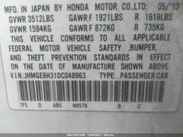 Photo 8 VIN: JHMGE8H31DC048963 - HONDA FIT 