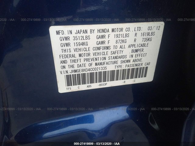 Photo 8 VIN: JHMGE8H34CC021335 - HONDA FIT 