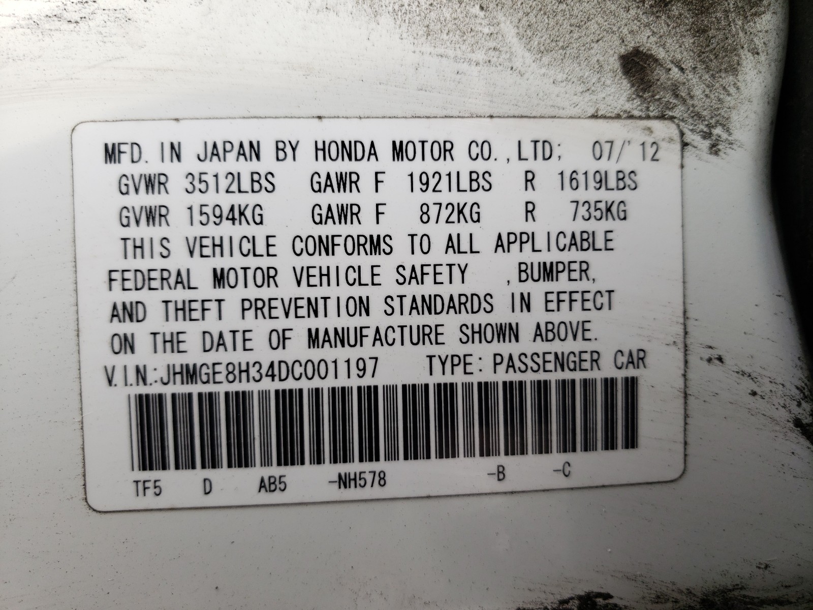 Photo 9 VIN: JHMGE8H34DC001197 - HONDA FIT 