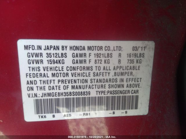 Photo 8 VIN: JHMGE8H35BS008839 - HONDA FIT 