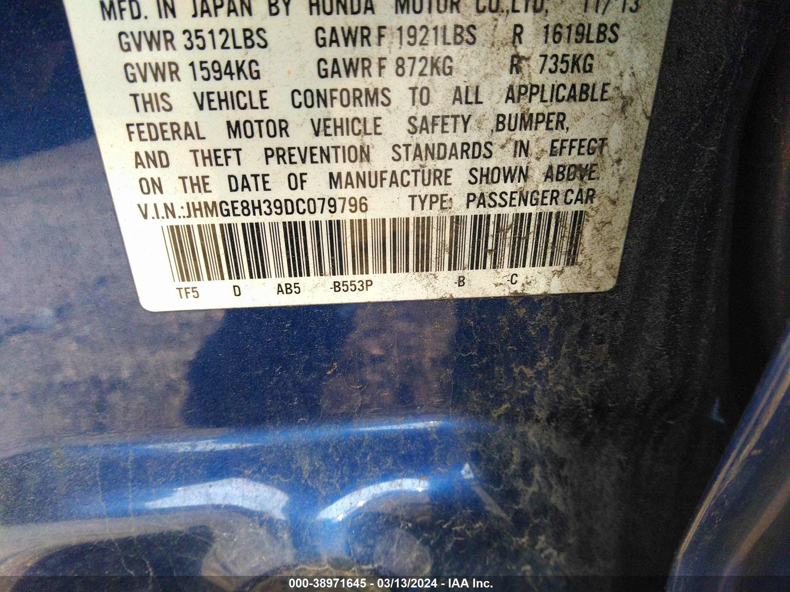 Photo 8 VIN: JHMGE8H39DC079796 - HONDA FIT 