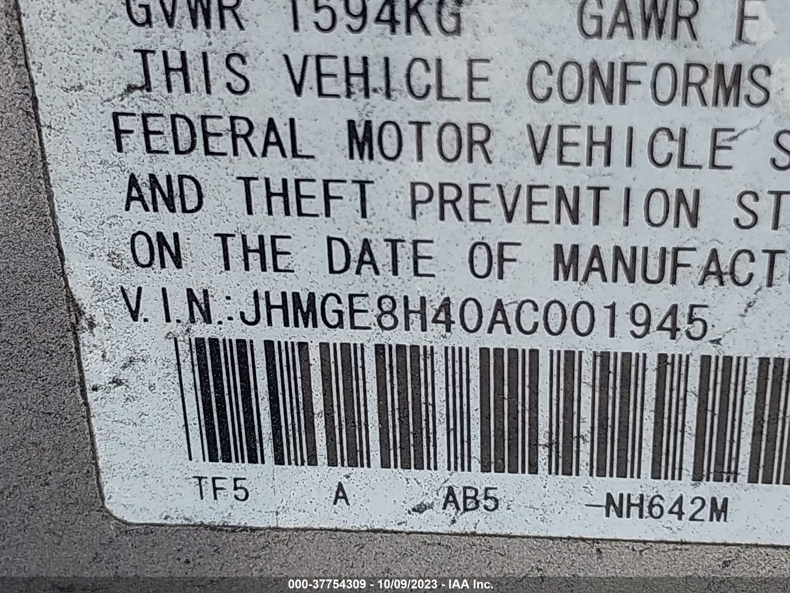 Photo 8 VIN: JHMGE8H40AC001945 - HONDA FIT 