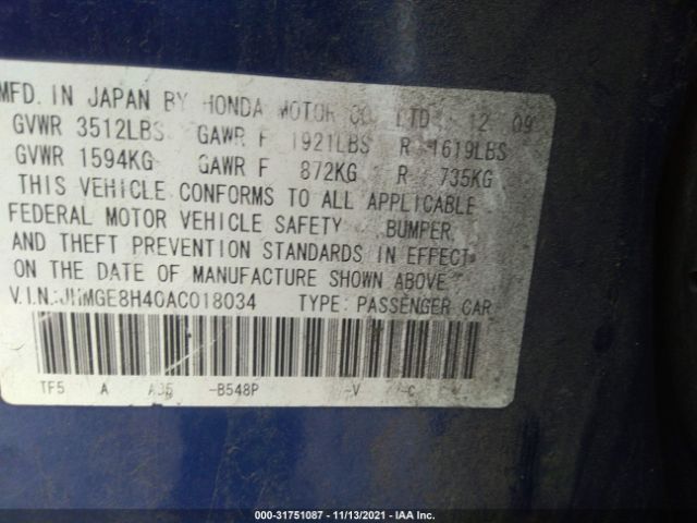 Photo 8 VIN: JHMGE8H40AC018034 - HONDA FIT 