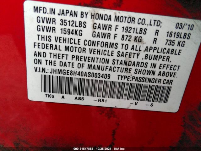 Photo 8 VIN: JHMGE8H40AS003409 - HONDA FIT 