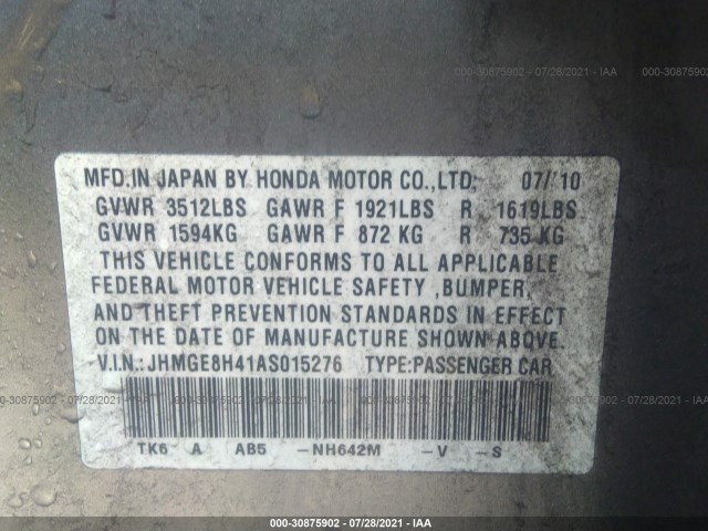 Photo 8 VIN: JHMGE8H41AS015276 - HONDA FIT 