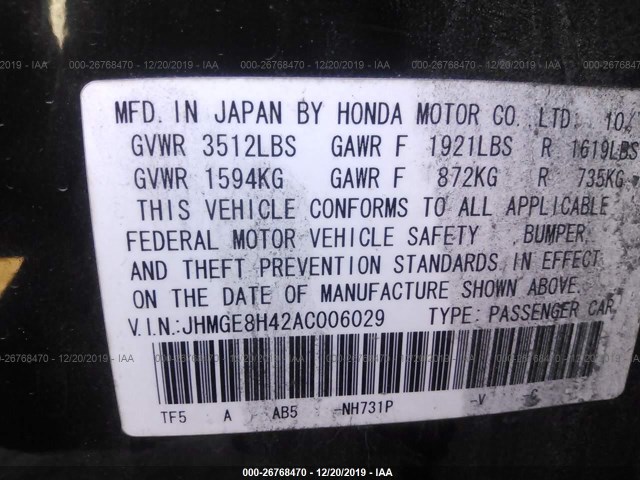 Photo 8 VIN: JHMGE8H42AC006029 - HONDA FIT 