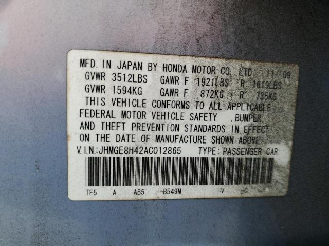 Photo 11 VIN: JHMGE8H42AC012865 - HONDA FIT 