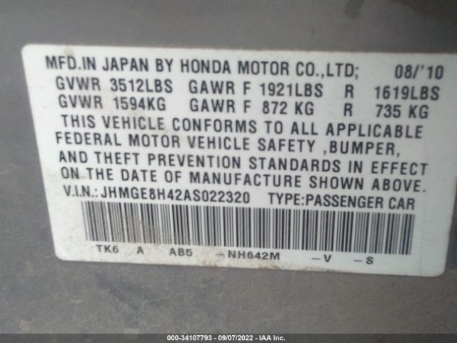 Photo 8 VIN: JHMGE8H42AS022320 - HONDA FIT 