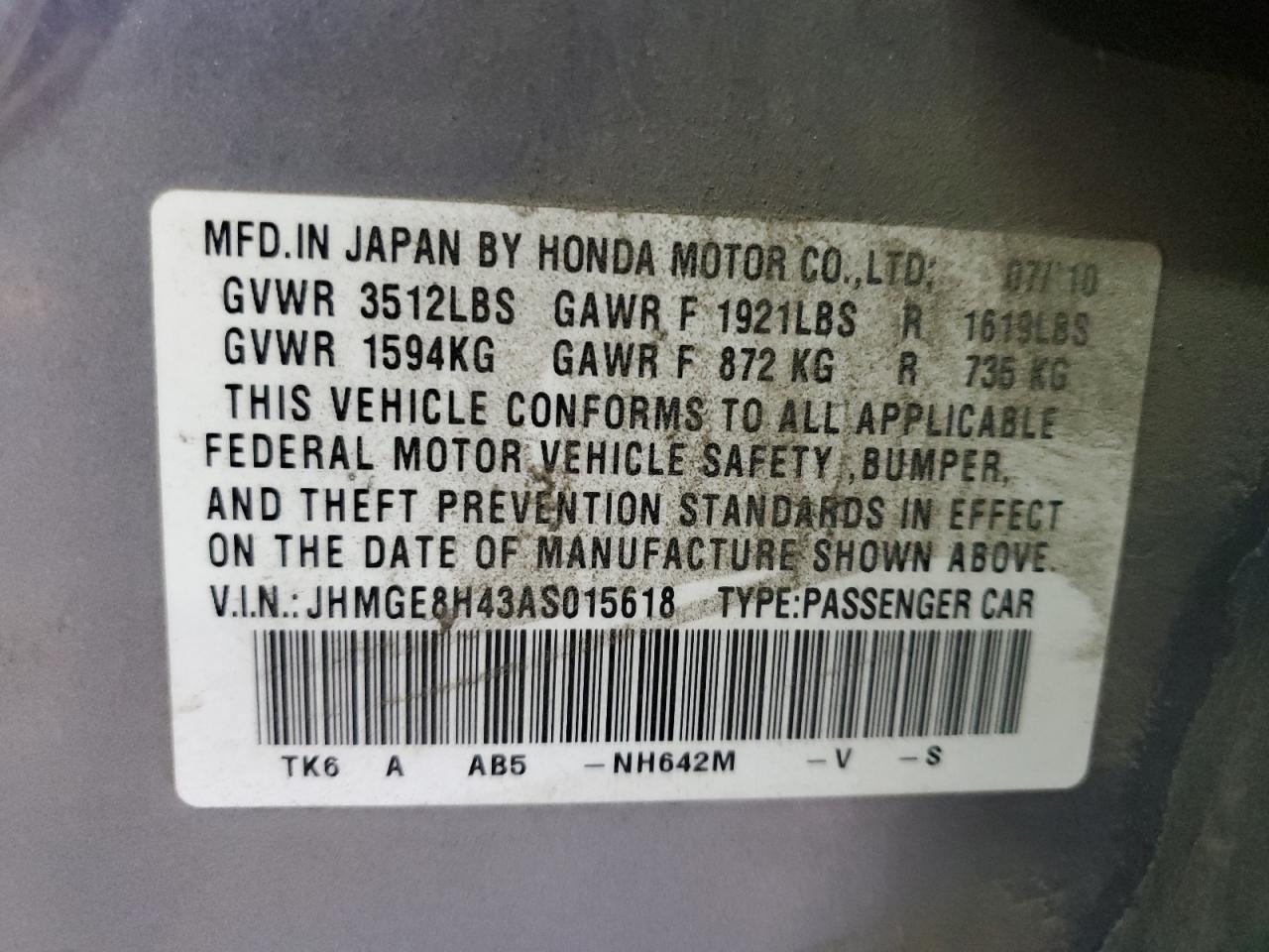 Photo 11 VIN: JHMGE8H43AS015618 - HONDA FIT 