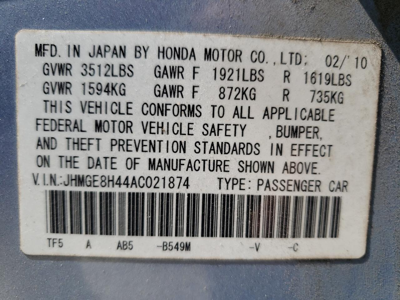 Photo 12 VIN: JHMGE8H44AC021874 - HONDA FIT 