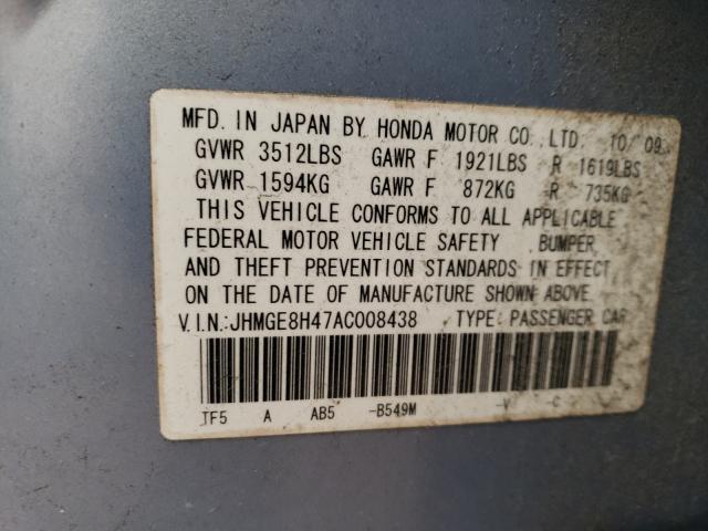 Photo 9 VIN: JHMGE8H47AC008438 - HONDA FIT SPORT 