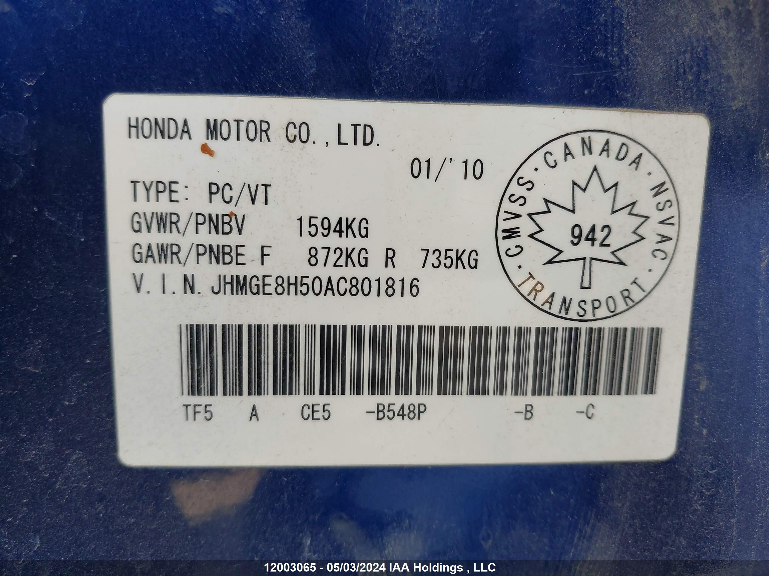 Photo 8 VIN: JHMGE8H50AC801816 - HONDA FIT 