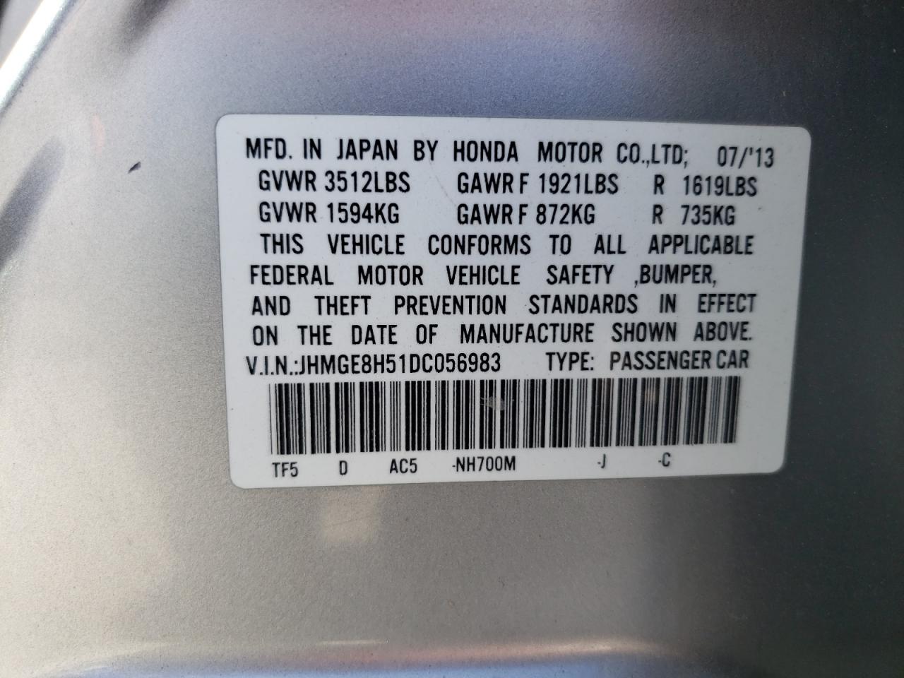 Photo 11 VIN: JHMGE8H51DC056983 - HONDA FIT 